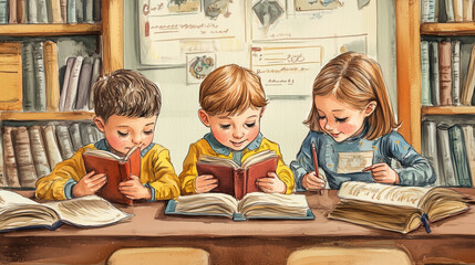 Illustration of children reading books in classroom cheerfully