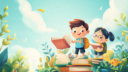 Illustration of children reading books in classroom cheerfully