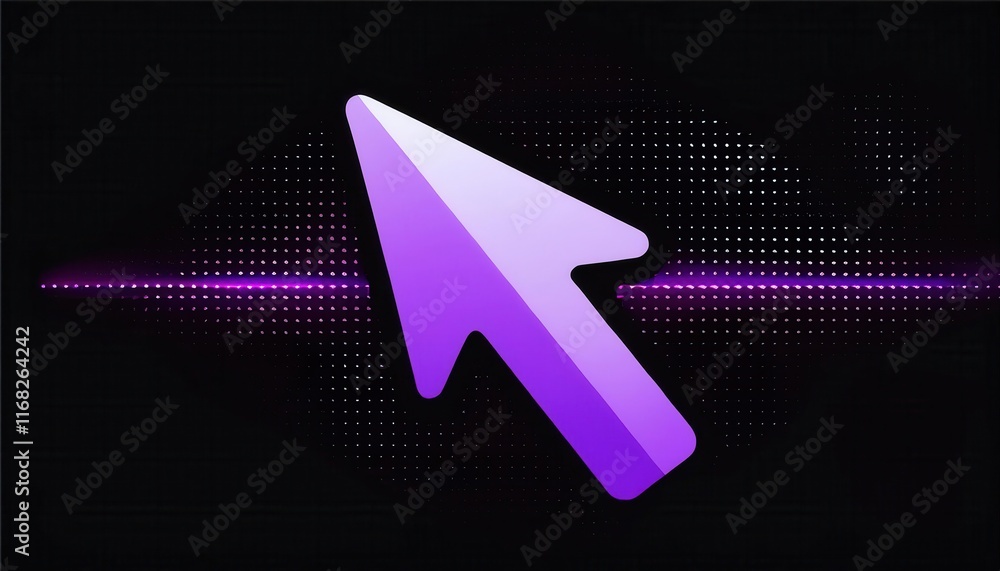 Poster a modern purple arrow cursor on a dark background, featuring a digital effect with subtle dots, repr