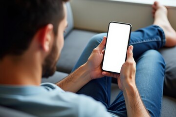 Relaxed Man Using Smartphone on Comfortable Couch, Perfect for Advertising Technology, Lifestyle, and Casual Living
