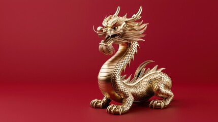 Fototapeta premium Intricate golden dragon sculpture on a vibrant red background, symbolizing power and prosperity in Asian culture.