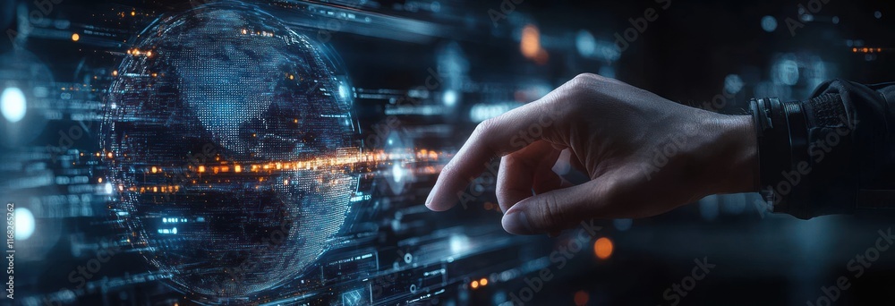 Aufkleber digital interface with 3d globe, interconnected networks, cyberpunk technology, ai, innovation, prog