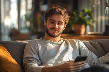 Relaxing young man smiling using smartphone on couch at home enjoying digital content in cozy indoor setting