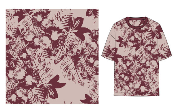 monochrome, tropical summer, leaves, leaf illustration, seamless pattern, all over print, graphic t-shirt, women, men, t shirt, shirt, apparel, clothing, fashion vector artwork