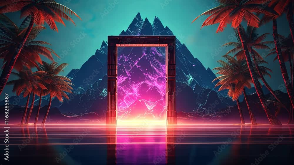 Poster Mysterious door or portal with neon light in the jungle in synthwave style