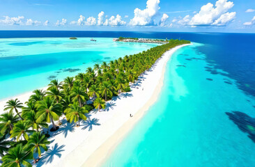 Maldives paradise, azure turquoise lagoon waters, palm trees, and white sandy beaches. From a high-angle view.