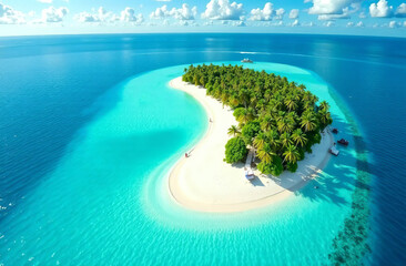 Maldives paradise, azure turquoise lagoon waters, palm trees, and white sandy beaches. From a high-angle view.