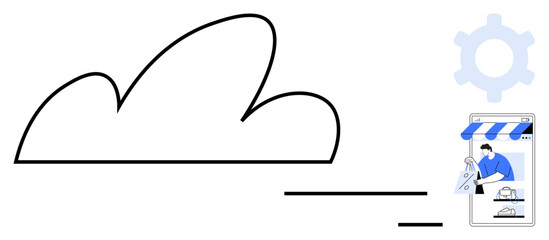 Large outlined cloud connects to a digital storefront where a person manages operations. Ideal for cloud computing, online retail, business automation, data processing, e-commerce, software