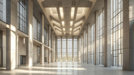 柱と広く明るい窓のあるコンクリートの建物のホール、エントランス。3Dレンダリング。テキストの背景や挿絵につかえる写真。