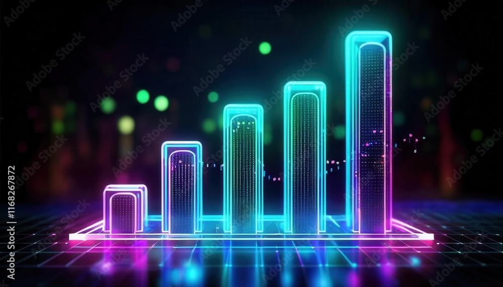 Poster a vibrant, digital bar graph with glowing neon colors represents data growth and analytics in a futu