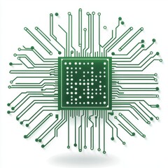 Abstract representation of a green circuit board concept with radial lines and digital elements illustrating technology