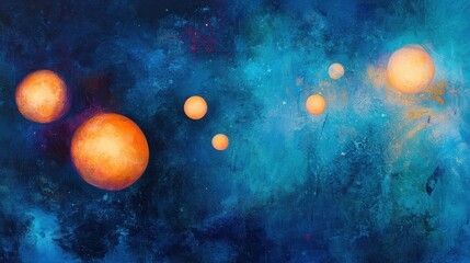 Abstract glowing orbs of light floating across a deep blue space background