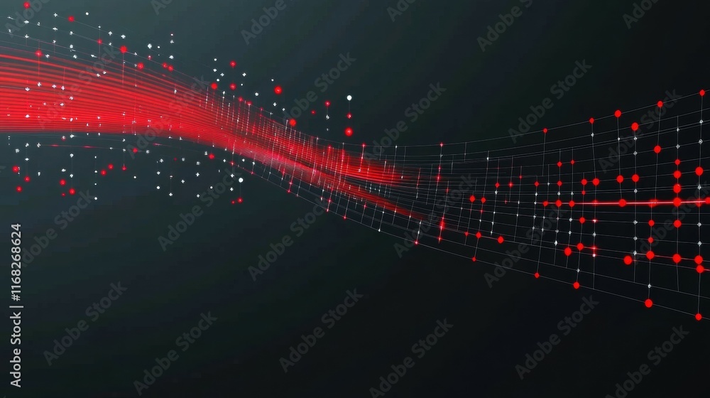 Poster Abstract digital design featuring red and white dots and lines on a dark background.
