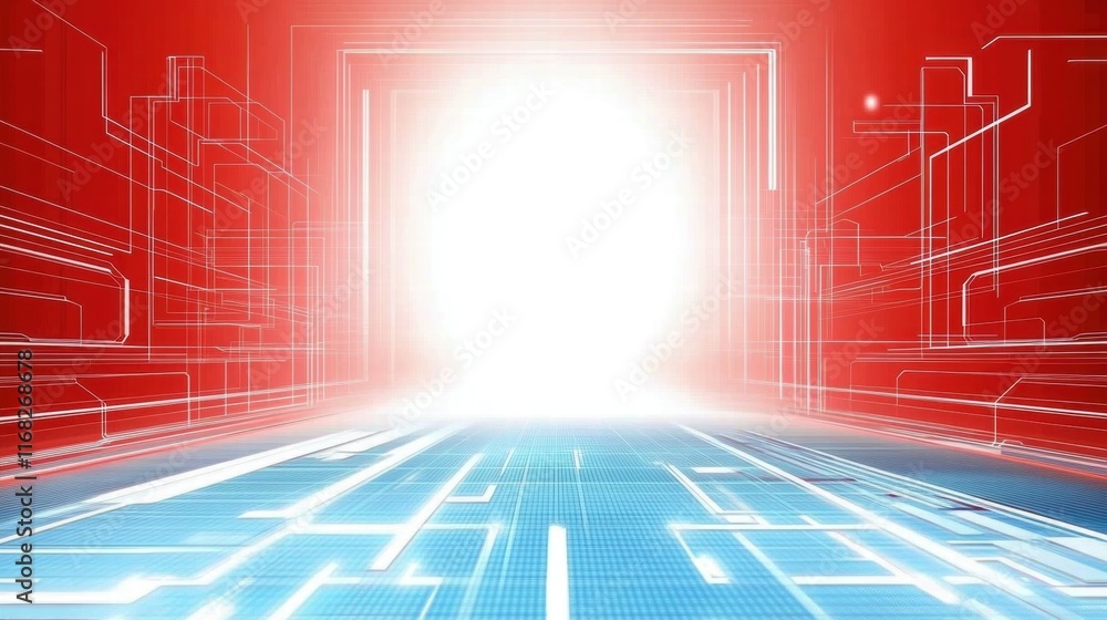 Poster Abstract digital landscape with bright light and circuit-like patterns.