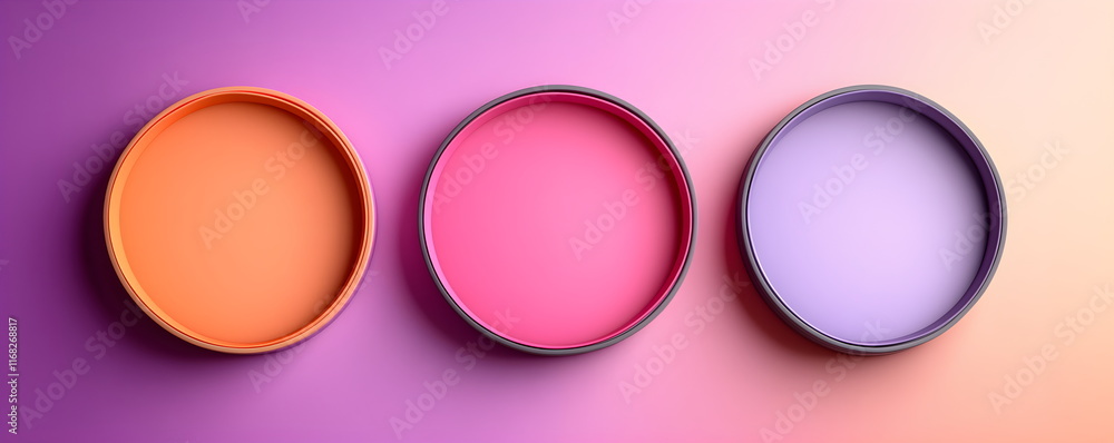 Poster overhead view of three colorful empty round containers on a gradient background. creative flat lay m
