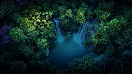 Obraz premium Aerial top view of a hidden waterfall surrounded by dense jungle 