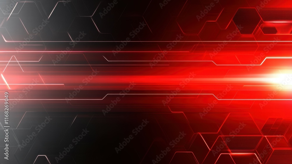 Poster abstract red and black background with light streaks and hexagonal patterns.