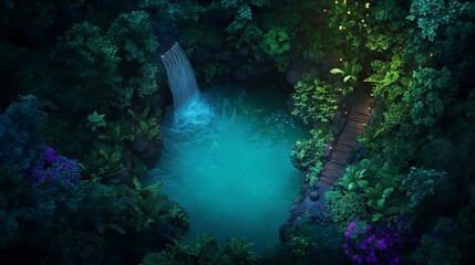 Obraz premium Aerial top view of a hidden waterfall surrounded by dense jungle 