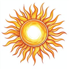 Naklejka premium Vibrant Hand-Drawn Sun Illustration with Radiant Rays in Warm Yellow and Orange Tones