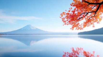Serene landscape featuring Mount Fuji and autumn foliage reflections.