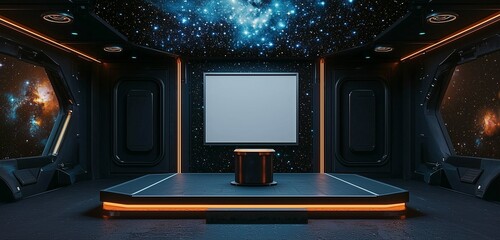 Space-themed room with starry ceiling and a cosmic frame.