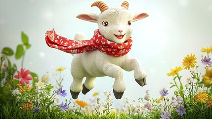 Fototapeta premium Adorable Cartoon Goat Kid Leaping Through Spring Flowers Wearing Red Scarf