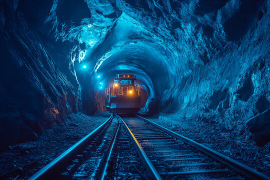 Coal mine with mining machine on railway. Dark underground tunnel illuminated in blue light