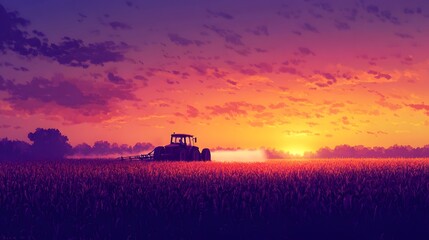 Obraz premium Tractor Working Field Sunset Vibrant Colors Landscape