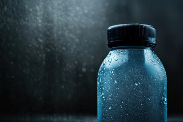 Close-up of a condensation-covered plastic water bottle in dim lighting
