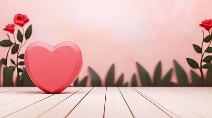 Pink Heart and Roses on Wooden Surface