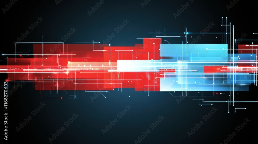 Poster abstract digital design featuring vibrant red and blue elements on a dark background.