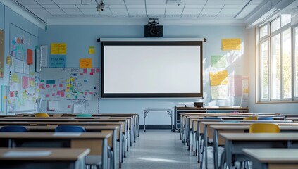 A classroom with a projector screen and a group of students sitting at desks. Scene is one of learning and education