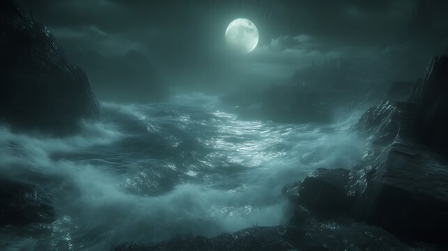 Moonlit Coastal Scene: Dark, Stormy Sea and Rugged Cliffs - Powered by Adobe