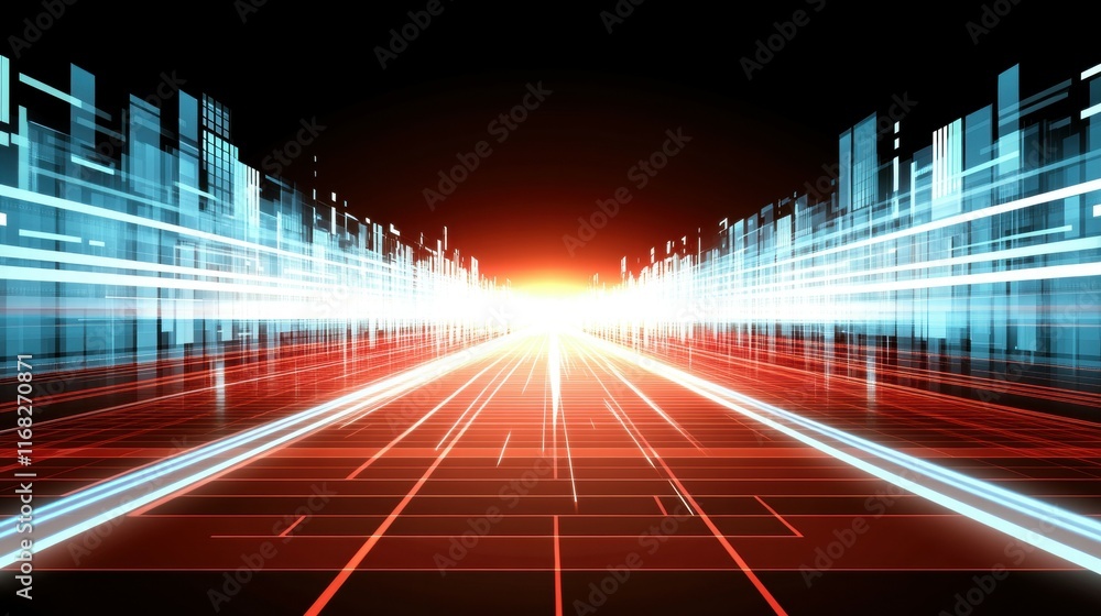 Poster Abstract digital landscape with glowing lines and structures, suggesting speed and technology.