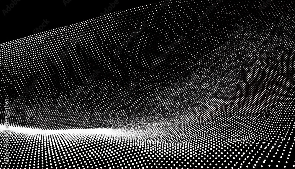 Poster a mesmerizing pattern of white particles on a black background, creating a dynamic wave-like effect 