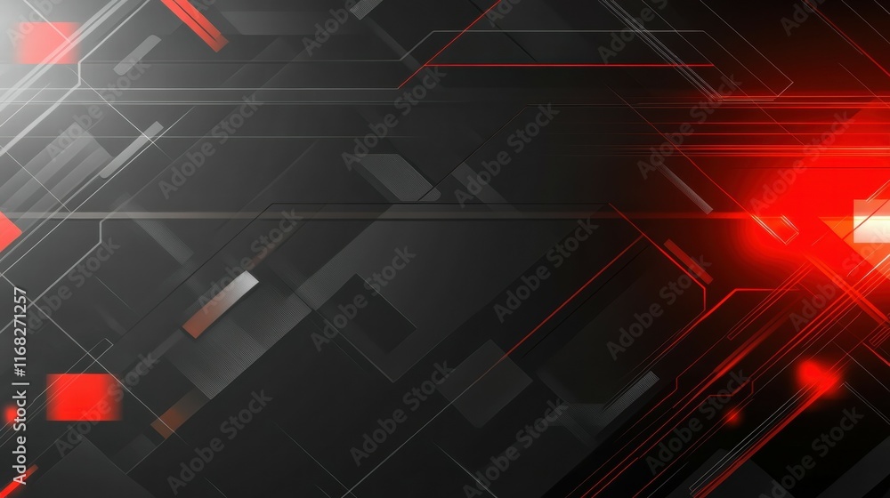 Poster abstract geometric design with red and black tones, suitable for technology or digital themes.