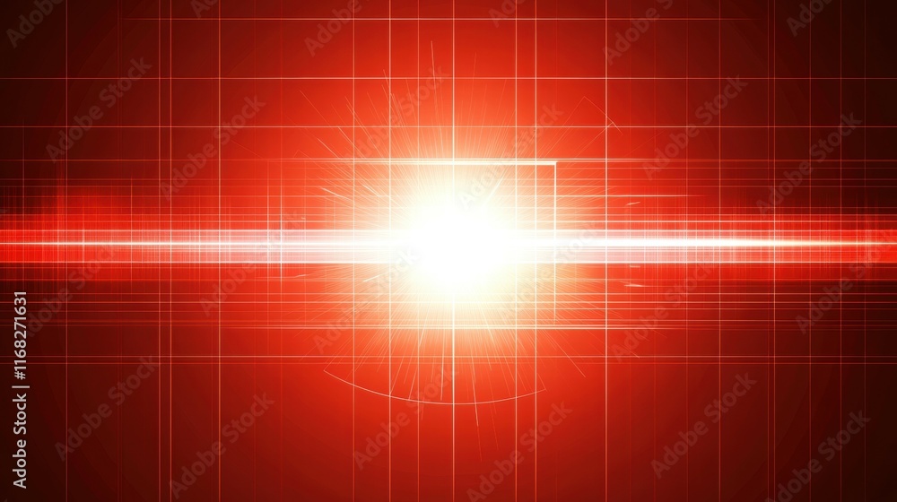Poster Bright red abstract design with a central glowing light and grid pattern.