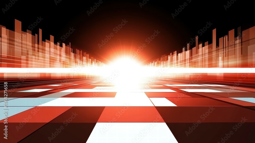 Poster abstract digital landscape with bright light and geometric patterns.