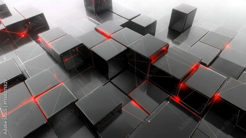 Poster Abstract composition of black cubes with glowing red lines, suggesting a digital or technological theme.