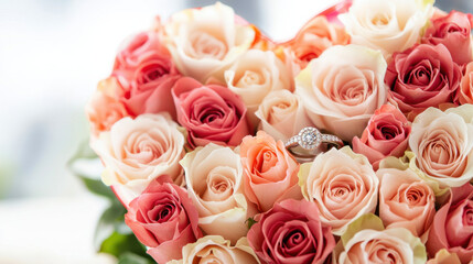 Obraz premium Valentine day love concept. heart shaped bouquet of pink and peach roses with diamond ring in center