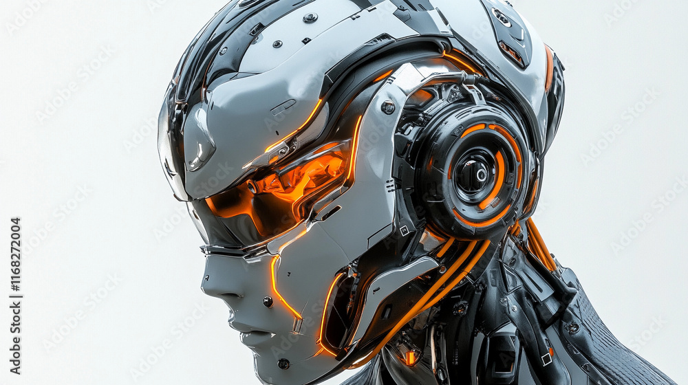Poster robot studio design showcasing futuristic mechanical head with detail. generative ai