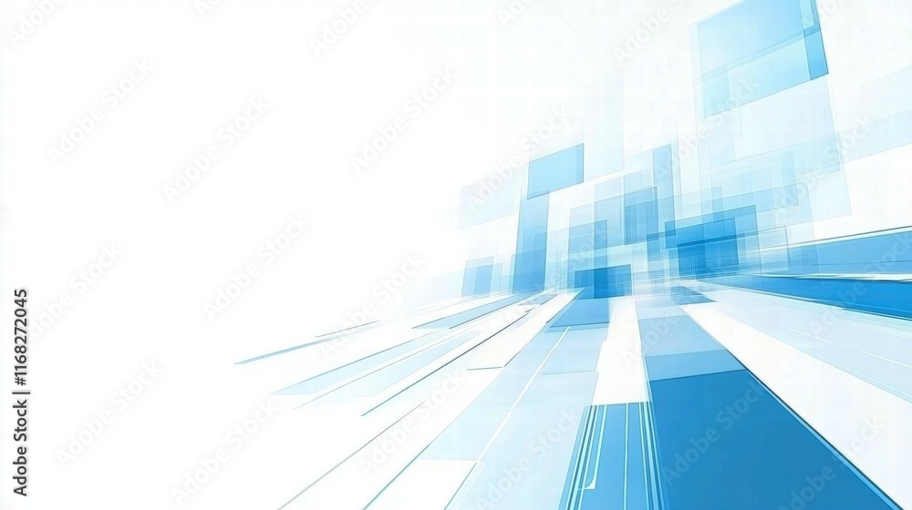 Poster abstract blue geometric design with a light background, suggesting motion and technology.