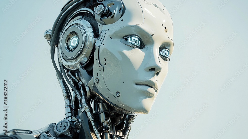 Poster cinematic realistic robot portrait in futuristic design setting. generative ai