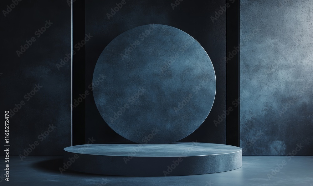 Poster Dark moody studio background with circular platform.