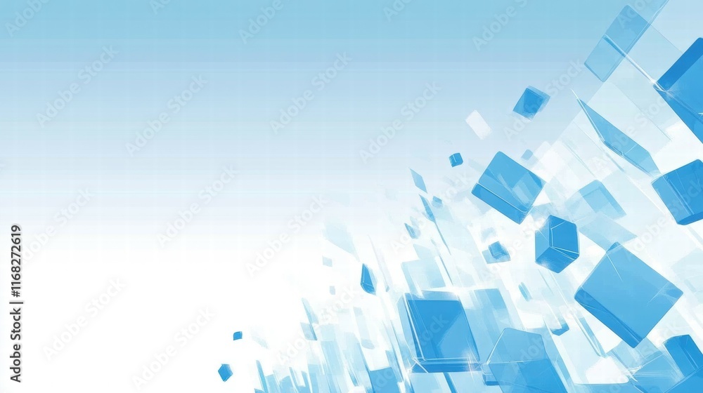 Poster abstract image featuring floating blue cubes against a light background, conveying a modern feel.