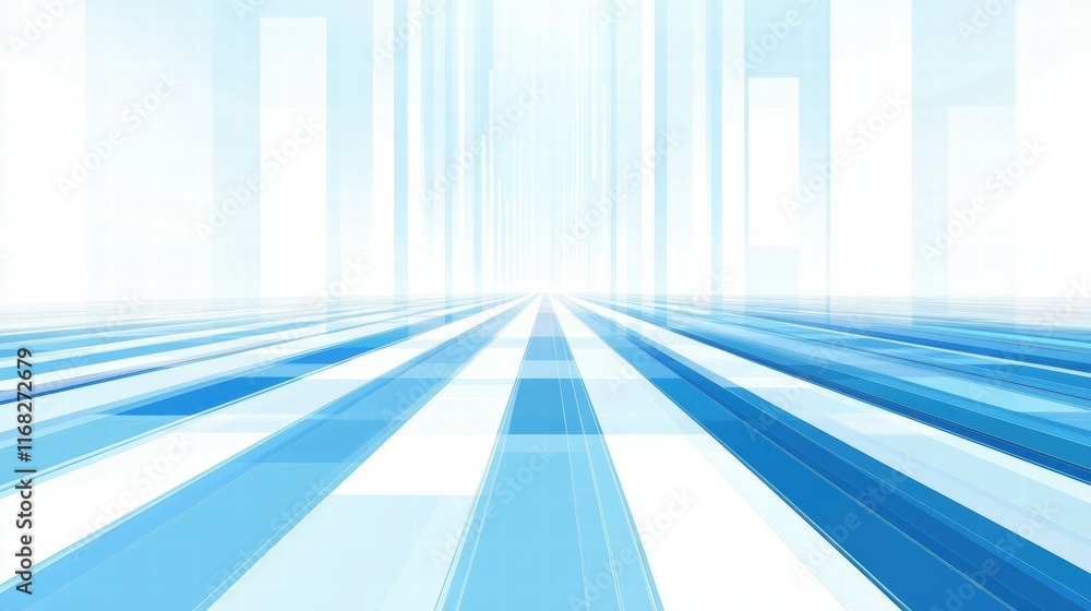 Poster abstract blue and white digital landscape with lines and shapes converging towards the horizon.