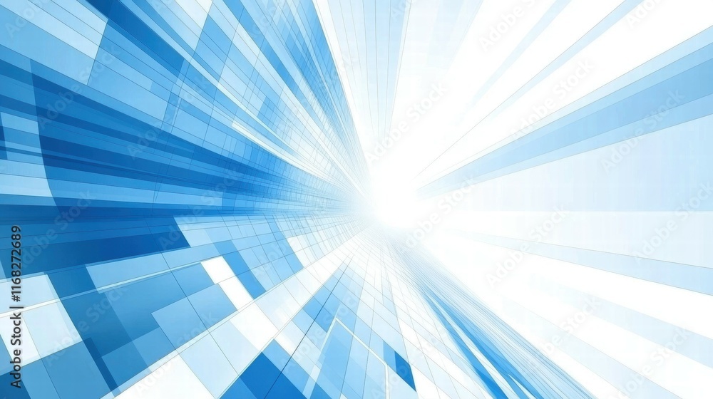 Poster Abstract blue and white geometric pattern with light rays emanating from a central point.