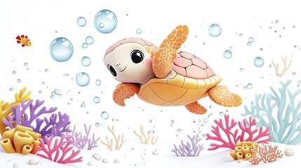 Fototapeta premium Adorable Cartoon Sea Turtle Swimming in Vibrant Coral Reef with Bubbles