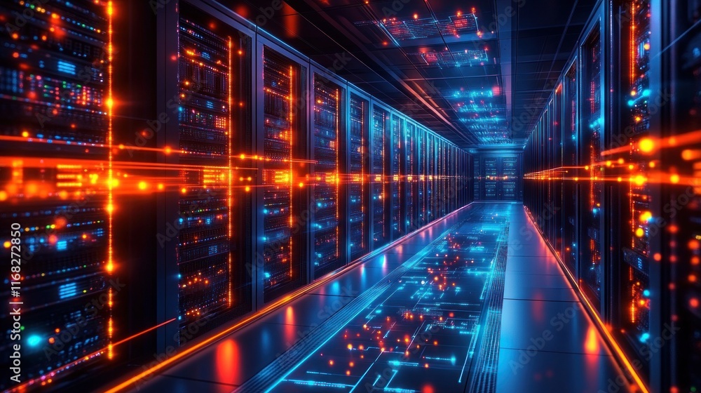 Poster futuristic serverless technology in a hybrid cloud network with digital infrastructure and modern eq
