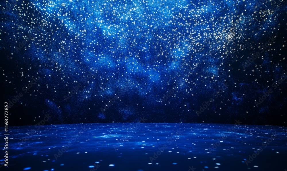 Poster dark blue background with glittering particles.